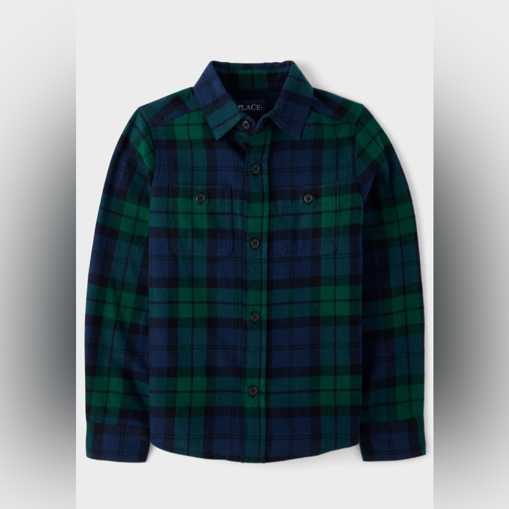 Children’s Place Green and Blue Plaid Button Down Shirt Kid Boys XXL 16